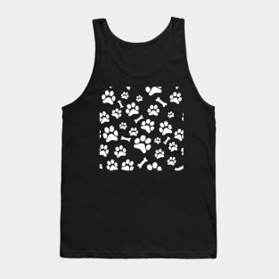 White Puppy Paw Prints and Bones On Black Pattern Tank Top